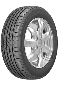 A Kenda Kevlar car tire with a silver alloy wheel and a tread pattern suitable for highway driving.