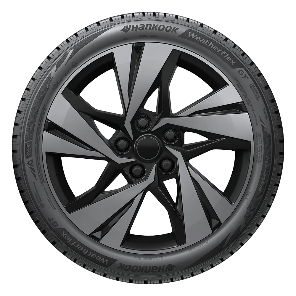 A Hankook WeatherFlex GT tire featuring a modern design with angular spokes and visible tread patterns on the sidewall.