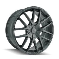 A black, multi-spoke car wheel rim against a plain background.