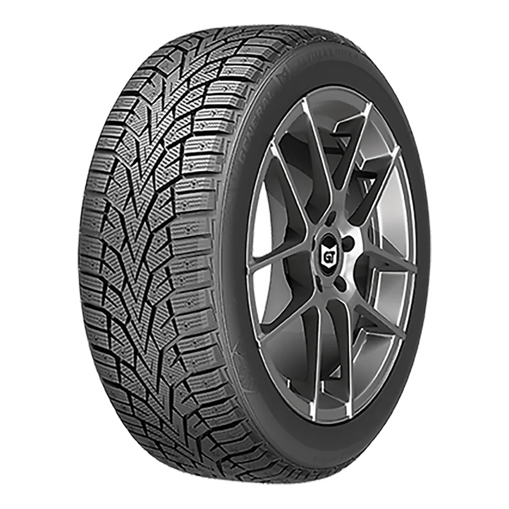 A front side view of a General Altimax Arctic tire on a wheel with five double spokes.