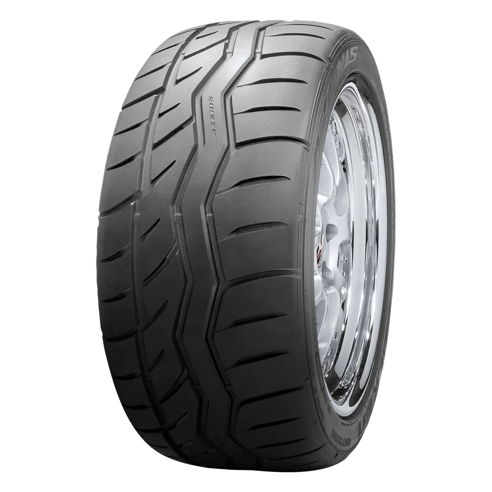 Front view of a falken azenis rt615k tire showing the shiny surface of this grippy tire.