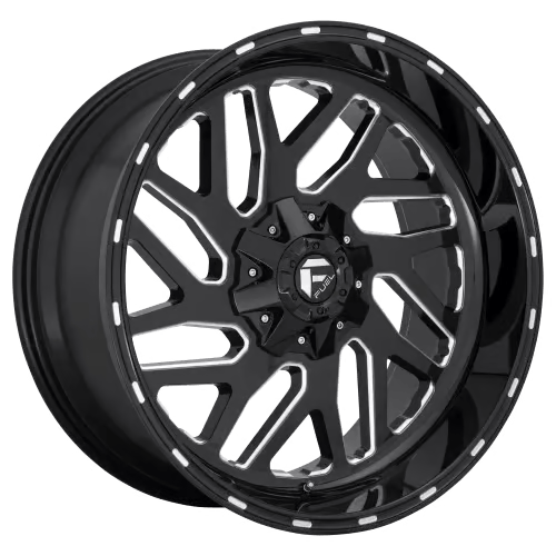 A black alloy wheel with a multi-spoke design and a deep lip on the exterior edge, featuring a glossy finish and a central hub logo.