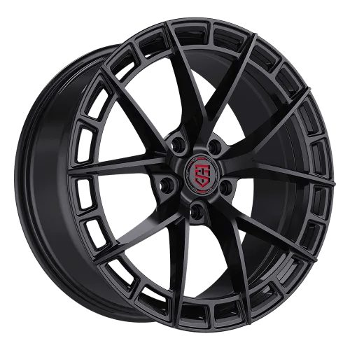A black multi-spoke car wheel rim with a glossy finish and a central logo featuring the letters 'HG' in red.