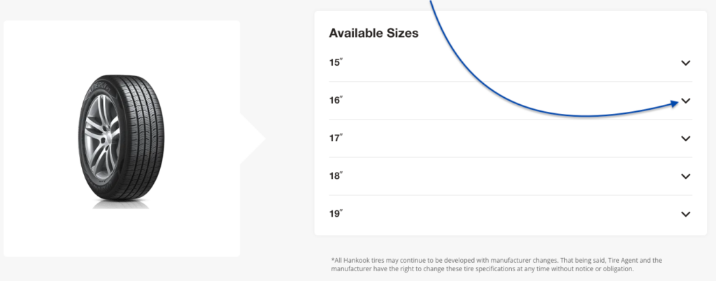 The Tire Agent product page showing a picture of a tire and an arrow pointing to the available sizes. 