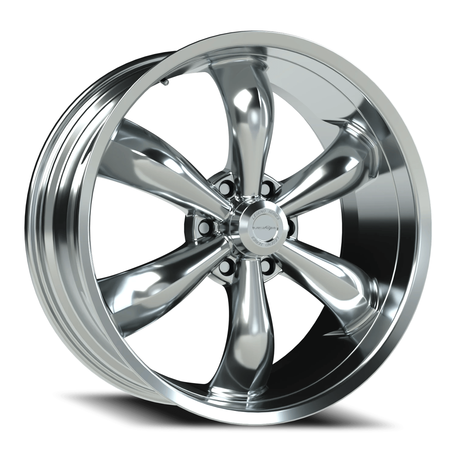 A polished chrome alloy car wheel rim with five wide spokes, 6 lugs and a reflective surface by American Muscle.