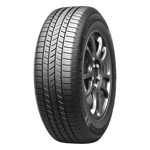 A black Michelin Energy Saver all season car tire with a radial tread pattern, mounted on a silver alloy wheel.