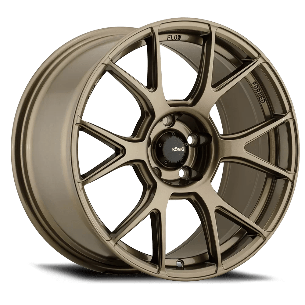 A bronze-colored Konig automotive wheel with a multi-spoke design and a black center cap, showing the words 'FLOW FORMED' inscribed on the rim.