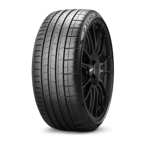 High-performance tire with a detailed tread pattern designed for maximum grip and stability.