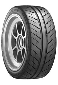 Front side view of a ventus 4s4 grippy tire on a chrome rim.