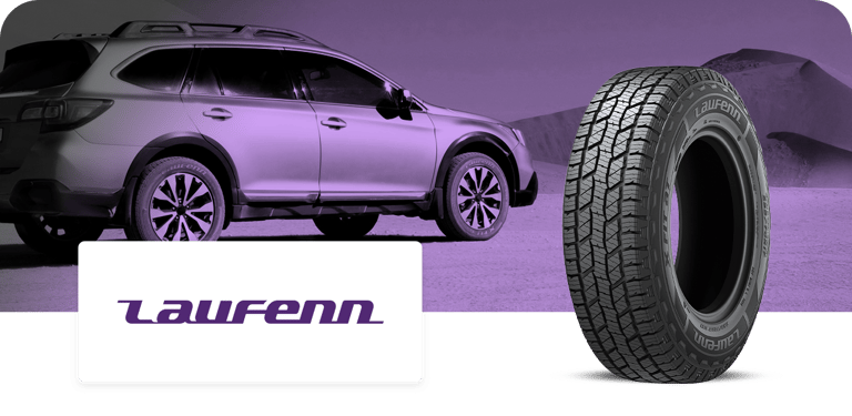 A promotional image featuring a Laufenn tire beside a silver car on a purple-tinted landscape, with the Laufenn logo prominently displayed.