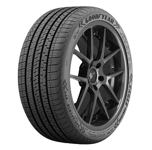 A Goodyear Eagle exhilarate car tire with a black alloy wheel featuring detailed tread patterns.