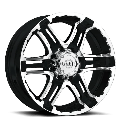 A black and chrome car wheel rim with a multi-spoke design and a central hub labeled "GEAR."