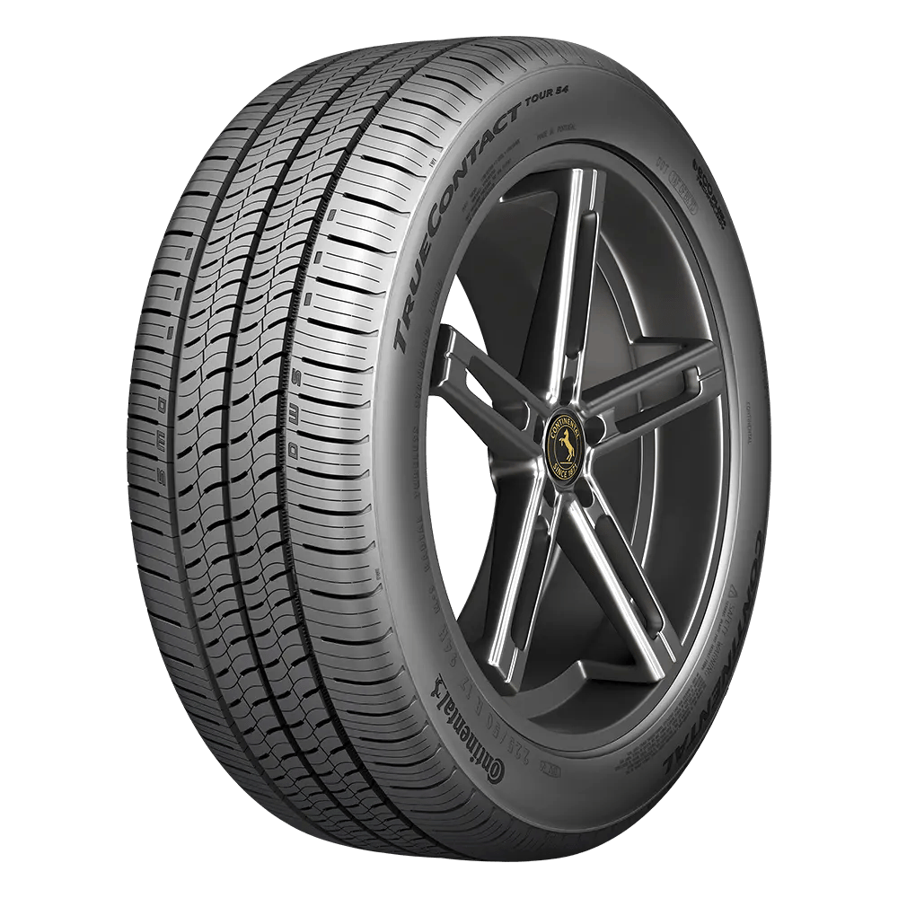 Side front view of a TrueContact Tour 54 tire mounted on a five-spoke gunmetal wheel with a Continental logo in the center.