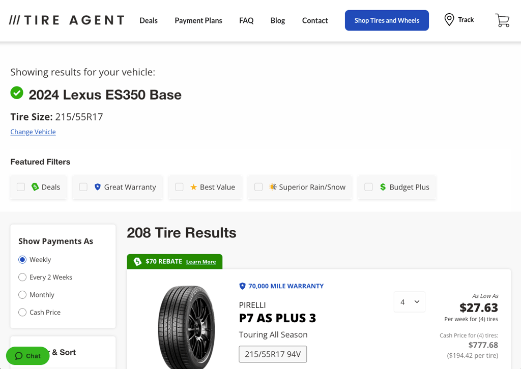 A screenshot of Tire Agent's online tire store shows 208 tire results for a Lexus 2024 ES350 base.