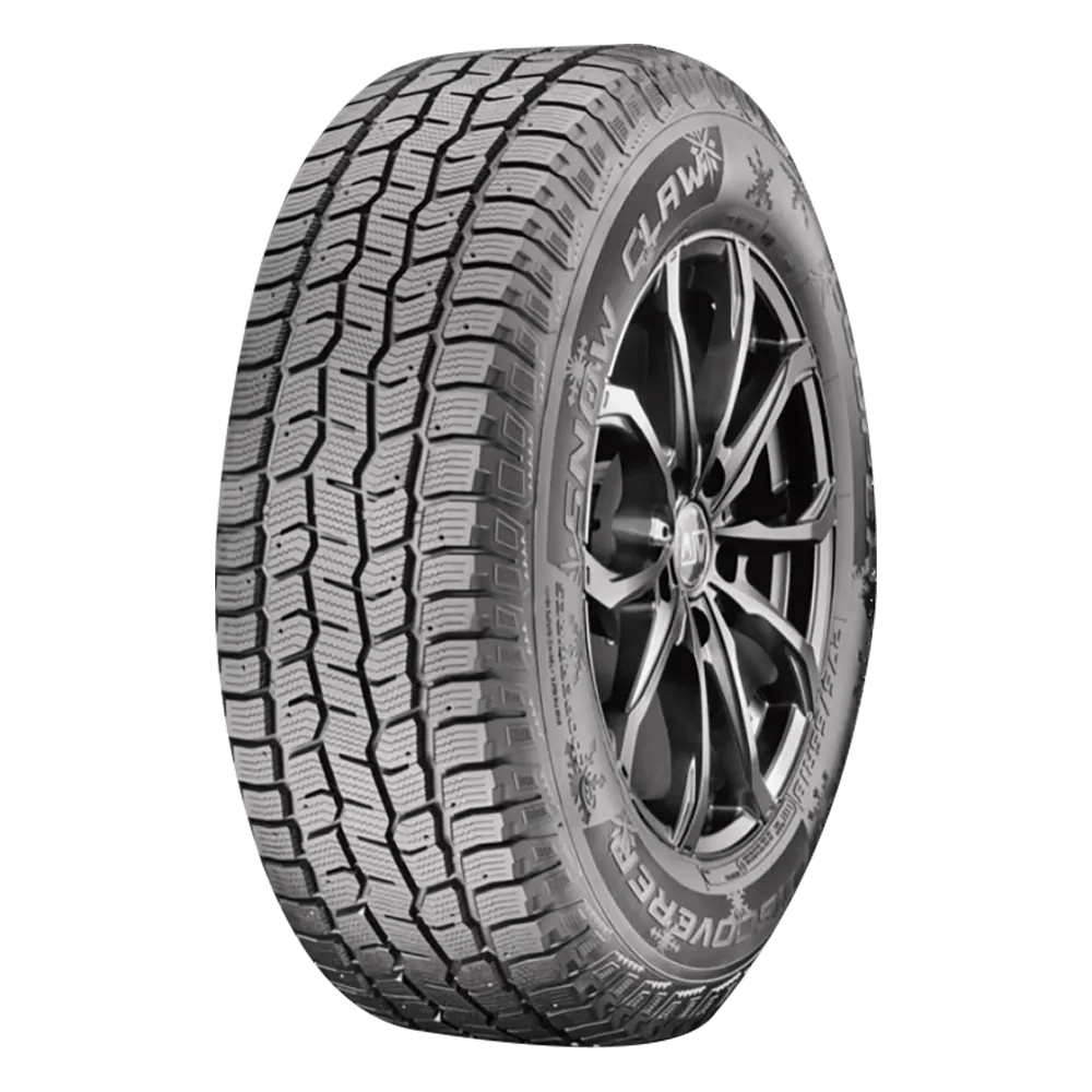 A front side view of a Discoverer Winter Claw tire on a wheel with 10 spokes. Holes for studs are visible.