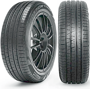 Two car tires with distinct tread patterns, one shown from the side and the other from the front, with the brand logo visible on the sidewall.