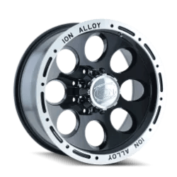 Ion Alloy black and silver wheel with bold lettering and multi-hole design.