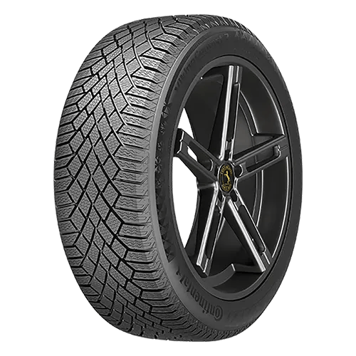 A Conti Viking Contact car tire with a detailed tread pattern and a glossy black rim.