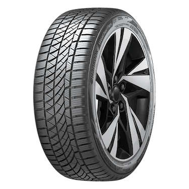Alt text: Car tire with a detailed tread pattern and a modern alloy wheel design.