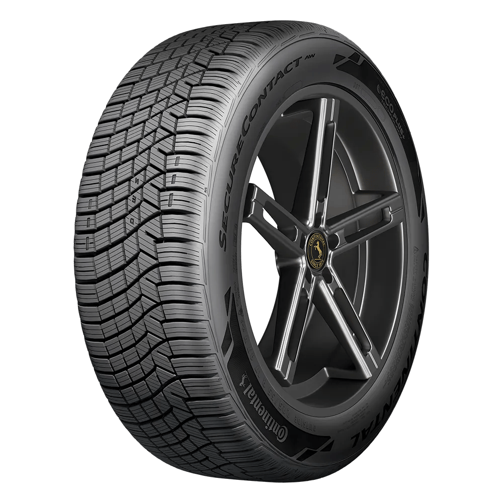 A Continental Secure Contact tire mounted on a black rim for a mazda 3 tire.