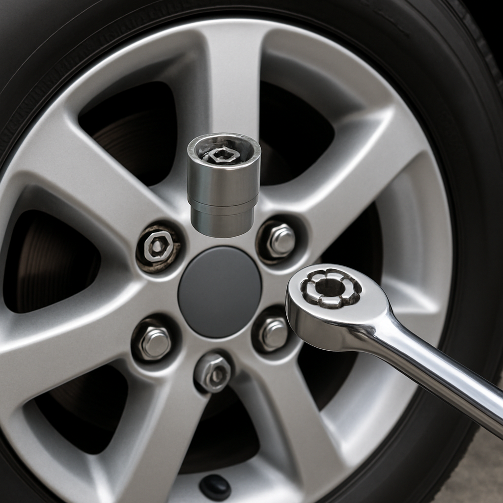 A close-up of a car wheel with a silver alloy rim, featuring a lug nut removal tool attached to the center of the wheel.