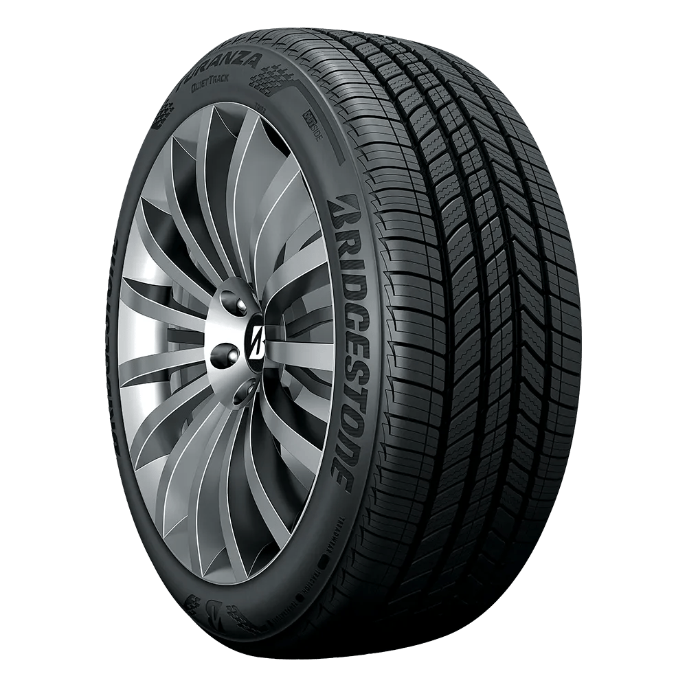 A Bridgestone tire with a black sidewall featuring the company logo and name, mounted on a sleek, silver alloy wheel, displayed on a black background.