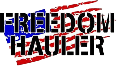 Freedom Hauler logo with a stylized American flag background.