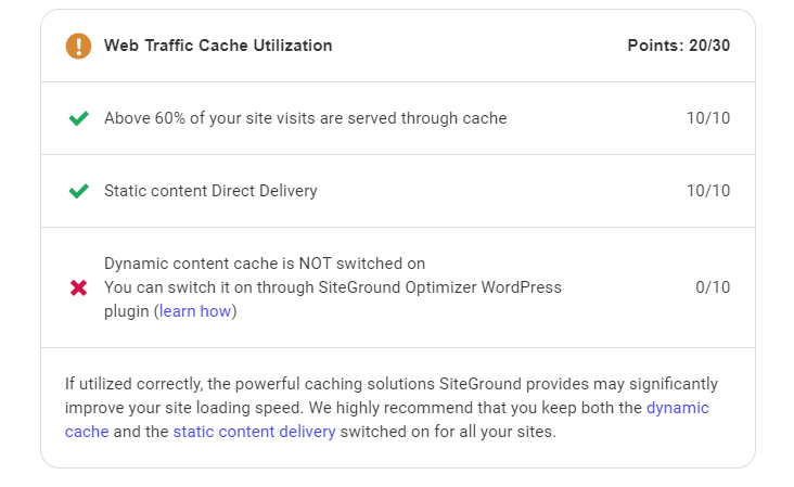screenshot of siteground email - caching review
