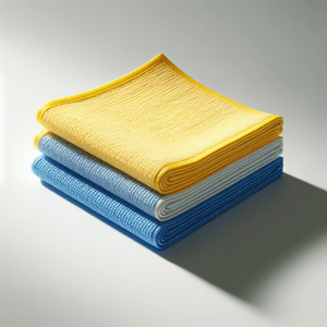 A vibrant cleaning cloth featuring dominant colors of yellow, blue, and white, used for cleaning purposes.