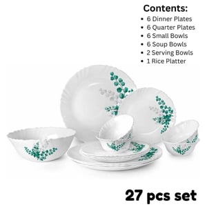 Cello Imperial Series Dinner Set, Microwave Safe, Toughened Glass - Aqua Leaves, 27 pcs