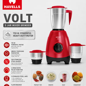 Havells Volt 750W Mixer Grinder | 304 Stainless Steel Blades, 3 Speed + Pulse, Overload Protector | 3 & 4 Jar Options image 2