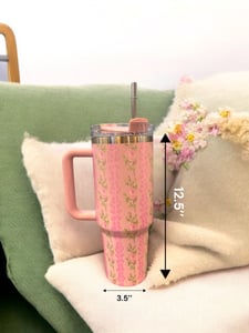 Stainless Steel Insulated Cup with Handle, Floral Prints, 1200 ml – Pink
