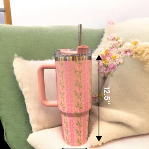 Stainless Steel Insulated Cup with Handle, Floral Prints, 1200 ml - Pink