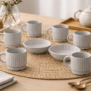 Tatva Jolly Set, Ceramic 6 Pcs Cups with 2 Bowls - Gray