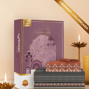 Trident Carnival Gold Bedsheet (Art Deco Collection), 100% Cotton King Size (108"x108") Bedsheet for Everyday Use and Gifting - Design: B