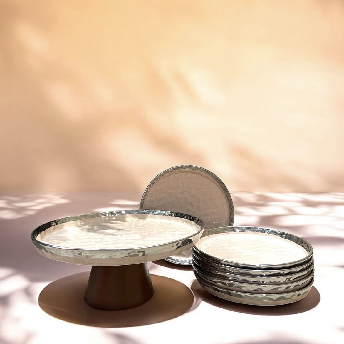 Premium Ceramic 7 pcs Snack Set (1 Footed Platter + 6 Half Plates), For Exclusive Gifting & Hosting
