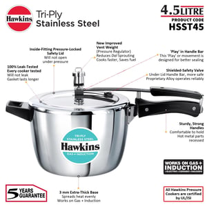 Hawkins 4.5 Litre Triply Stainless Steel Pressure Cooker, Inner Lid Cooker, Silver (HSST45) image 8
