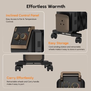Havells 13 Fin Hestio Wave Fin OFR (Oil Filled Radiator)|Room Heater|2900 W|3 Heat Settings & PTC Fan Heater|Inclined Control Panel|Retractable Wheels| Comfortable Breathing|360° Heating (Black) image 3