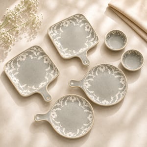 Sivica 6-Piece Porcelain Serving Board & Dip Bowl Set – Grey Floral