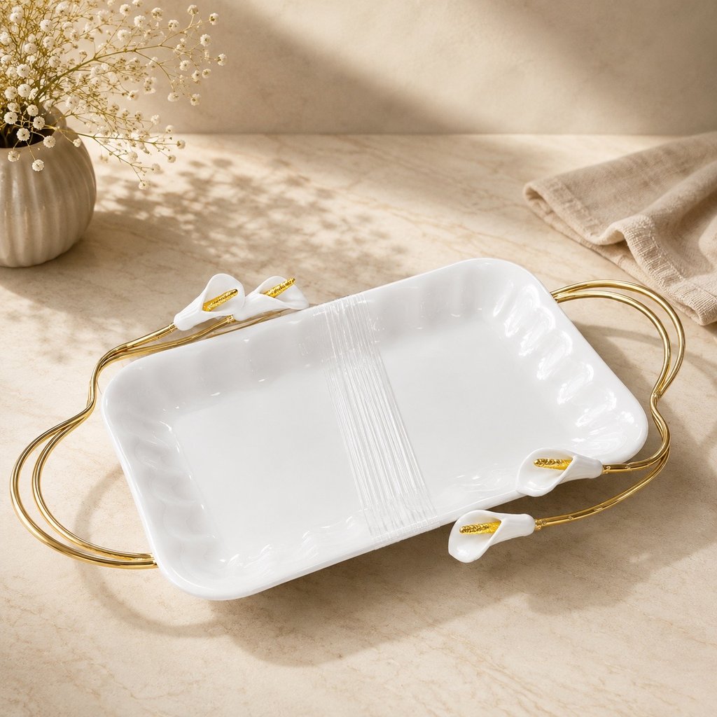 Sivica Calla Lily Gold-Handled Porcelain Serving Tray — Bihari Bartan Bhandar