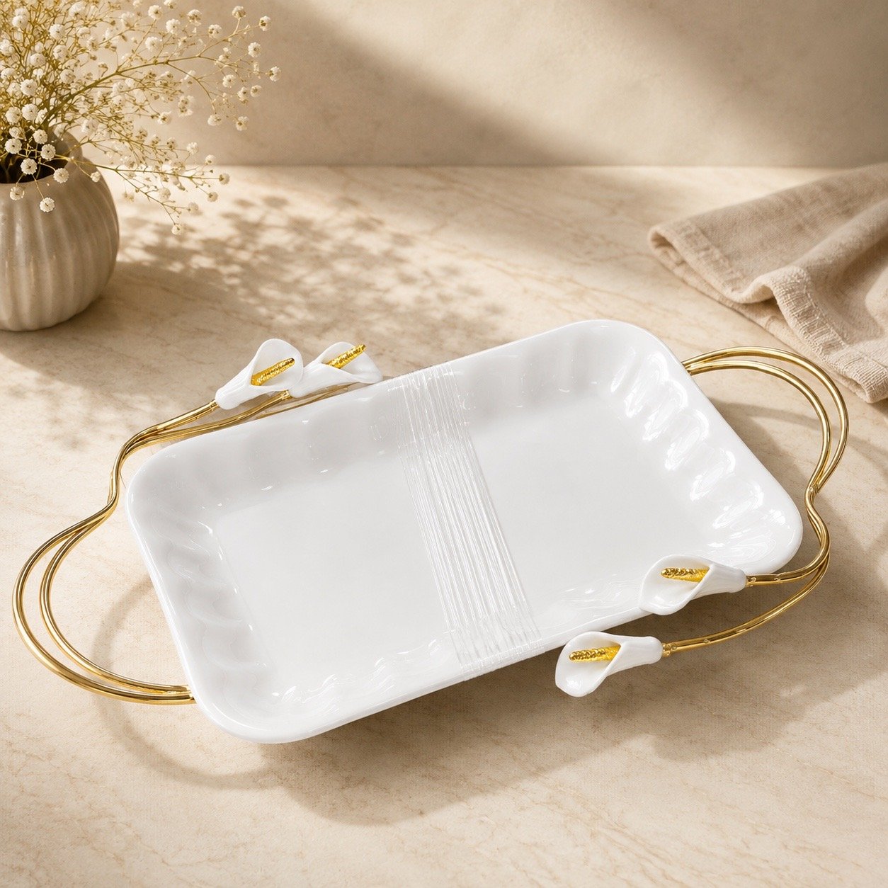Sivica Calla Lily Gold-Handled Porcelain Serving Tray