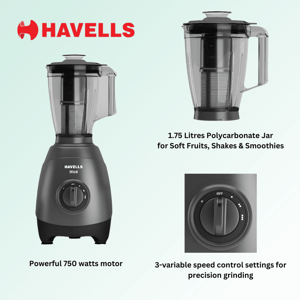 Havells Zello Mixer Grinder, 750 Watts, 4 Jars, 5+2 years warranty image 2