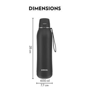 Borosil Riviera Vaccum Bottle, Matt Finish Exterior, Keeps Hot & Cold for upto 12 Hours - Black - 600 ml