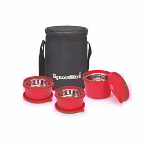 Signoraware Monarch Executive Medium Microsafe Steel |Microwave Safe Lunch Box (3 Stainless Steel Containers + Insulated Bag) (500ml+350ml+350ml) , Set of 3 | Office Series - Red