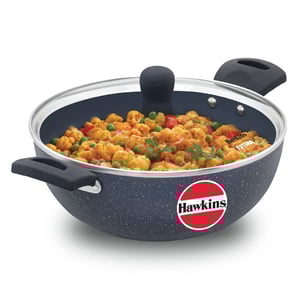 Hawkins Ceramic Nonstick Deep Kadhai, Induction Deep Fry Pan with Glass Lid, Granite Kadai - 3.5 Litres (For 3–4 People)