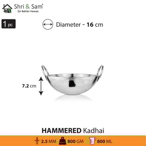 Sri and Sam STAINLESS STEEL HEAVY WEIGHT HAMMERED KADHAI, Heavy Gague Steel Ideal for Everyday Cooking & Deep Frying - 16 cm