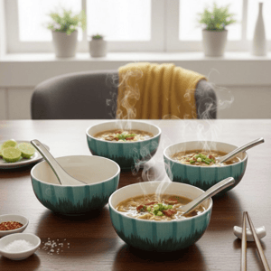 Tatva Ceramic Soup Set, 4 Pcs Bowl with 4 Spoons - Design-1