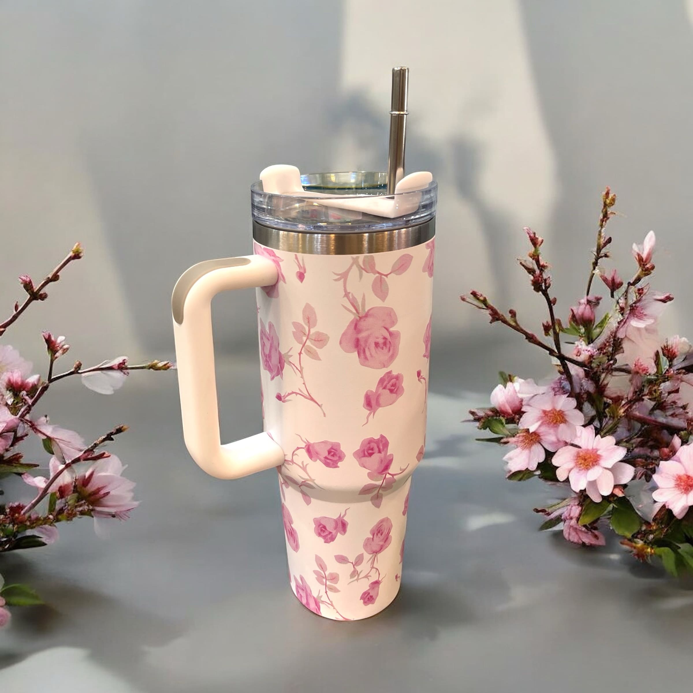 Stainless Steel Insulated Cup with Handle, Floral Prints, 1200 ml