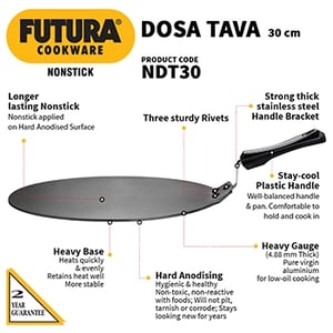 HAWKINS NONSTICK DOSA TAVA 30 CM (NDT30/INDT30), PFOA Free Non Toxic Coating, Ideal for Chillas, Dosas & Omelettes - Gas
