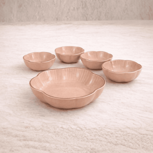 Tatva Lotus Pudding Set, Ceramic Set with 4 Small Bowls and 1 Serving Bowl - Peach